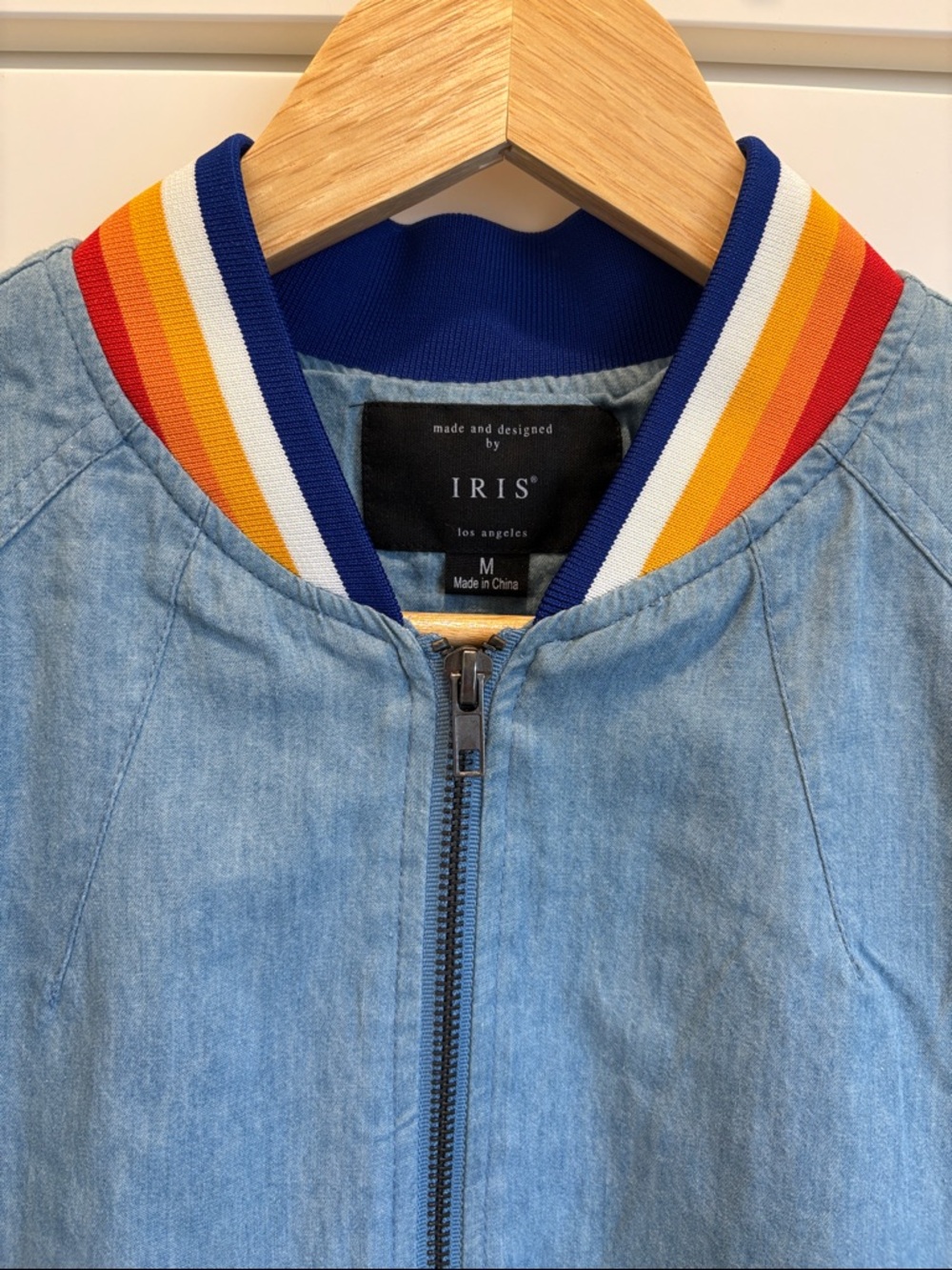 IRIS Light Blue Denim Jacket with Rainbow Stripe Collar